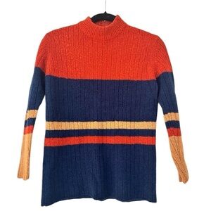 Vintage Striped Back Zip Mock Neck Wool Sweater Womens Small Navy Orange